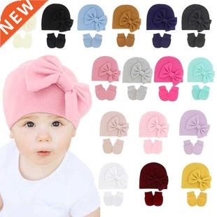 Newborn Beanie Hat Gloves Set Baby Bow Cap Mittens Kit Infan