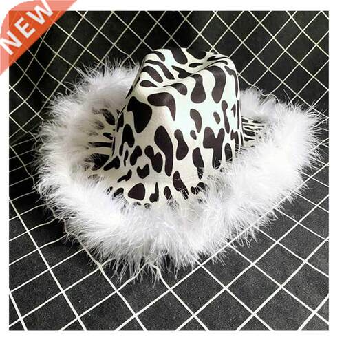 Women Feather decoratio Cow Fedora Hats Pattern Cowboy Hat W