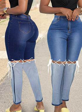 S-xl Women's fashion jeans with straps大码绑带女牛仔小脚裤