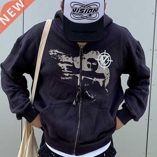 Anime print Gothic Sreetwear Long Sleeve Black Zip Hoodie Y2