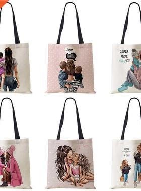 Cute Cartoon Super Mama Print Linen Tote Bag Reusable ould