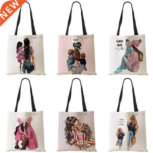 Cute Cartoon Super Mama Print Linen Tote Bag Reusable ould