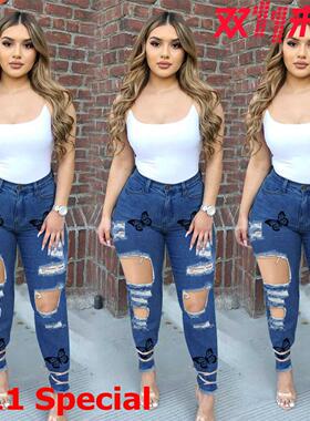 S-3XL plus-size bow pencil ladies jeans大码弹力蝴蝶女牛仔裤