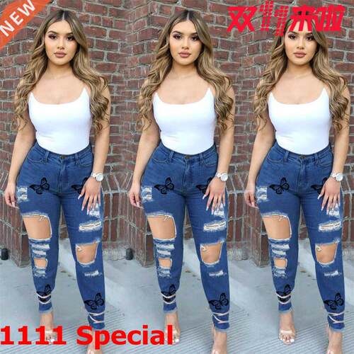 S-3XL plus-size bow pencil ladies jeans大码弹力蝴蝶女牛仔裤