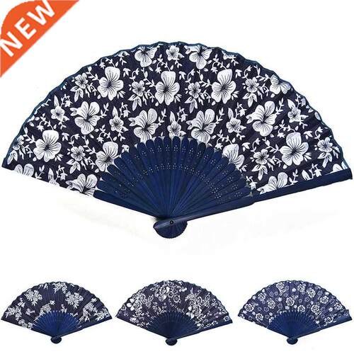 Flower Design Chinese Style Blue Fabric Hand Fan With Dyed