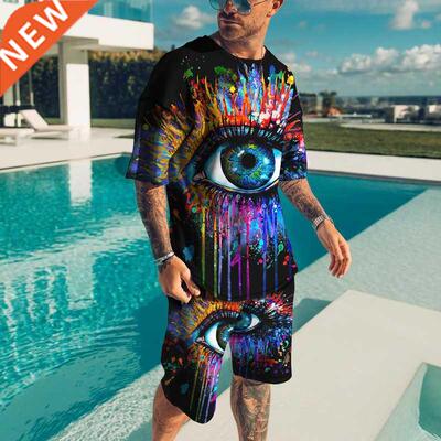 Summer New Men's Set Oversize T-shirt Shorts 2 Piece Set Men