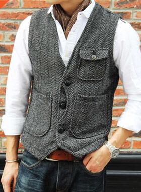 Men's retro tweed suit vest men's V-neck wool vest casual ve