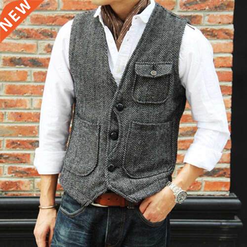 Men's retro tweed suit vest men's V-neck wool vest casual ve