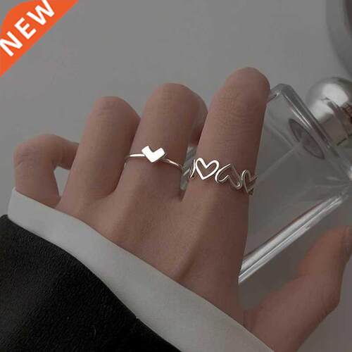 Silver Hollowed Heart Open Rings Set for Women Design Cute F