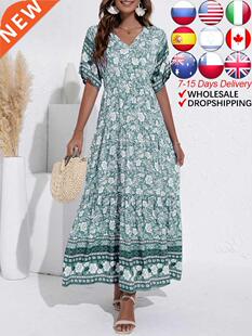 ATUENDO Summer Bohemian Dress for Women Faion Solid Green