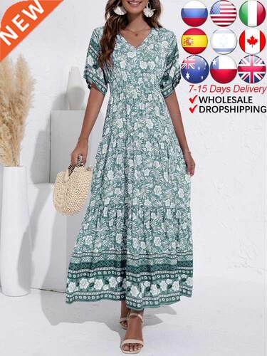 ATUENDO Summer Bohemian Dress for Women Faion Solid Green