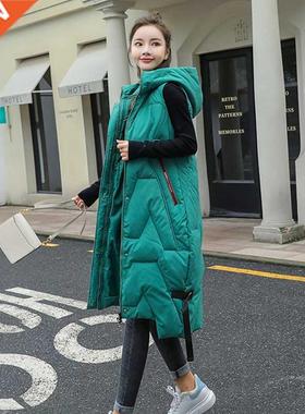 Long Winter Vest Women's Solid Hooded Pockets Zipper Padded