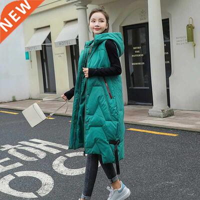 Long Winter Vest Women's Solid Hooded Pockets Zipper Padded