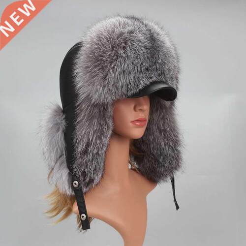 Genuine Silver Fox Fur Hat with Ear Flaps Real Natural Fur C