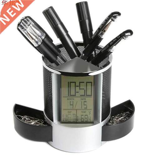 DX-111 Black Digital LED Desk Alarm Clock Mesh Pen Pencil Ho