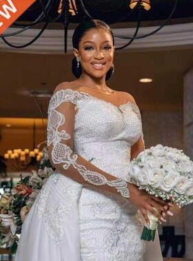 非洲美人鱼可拆卸拖尾婚纱长袖新娘大拖尾嫁衣 Wedding Dresses