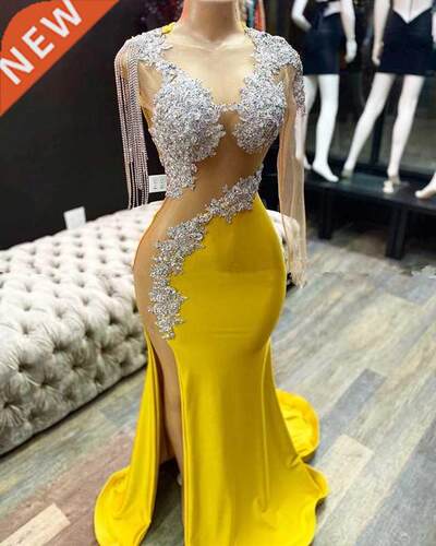 Yellow Prom Dresses Mermaid One-shoulder Long Sleeves Appliq