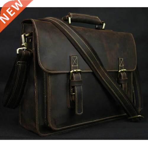 Vintage Crazy Horse Leather Men Briefcase Laptop Bag Work Bu