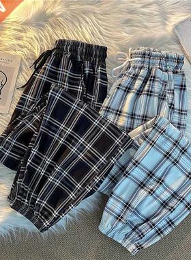 Pants Women New Bunch of feet Fashion Loose Black Plaid Summ