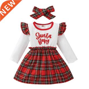 Xmas Dress Girls Long Sleeve Christmas Ruffles Plaid Letter
