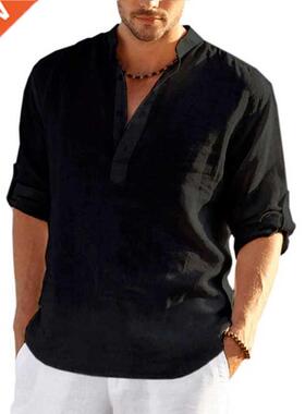 New Men's Linen Long Sleeve Shirt Solid Color Casual Long S