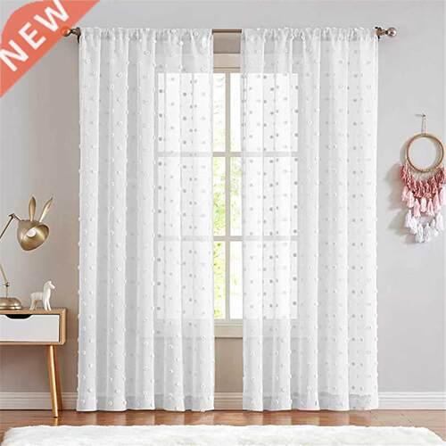 White Sheer Pompom Curtains for Bedroom Living Girls Room P