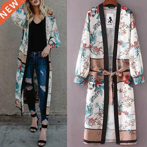 2021 New Long Kimono Cardigan Womens Blouse Belt Bandage Sha