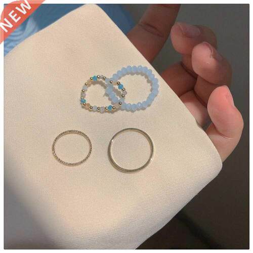 Korean Cute Acrylic Crystal Beaded Rings Set For Women Adjus