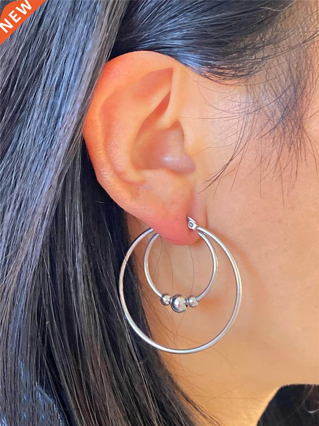 2pc stainless steel exaggerated round bead hoop earring wome