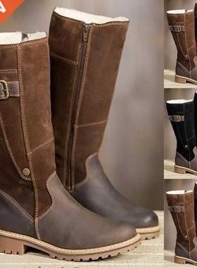 2021 New Boots Women Leather Flock Winter Plush Warm Kneel H