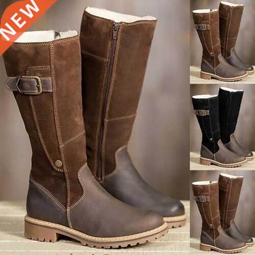 2021 New Boots Women Leather Flock Winter Plush Warm Kneel H