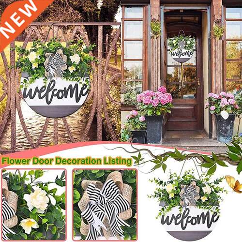 12Inch Welcome Wreath for Front Door, Round Wood Hanging Sig