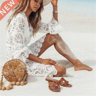 2022 Crochet White Knitted Beach ver Up Dress Tunic Pareos B
