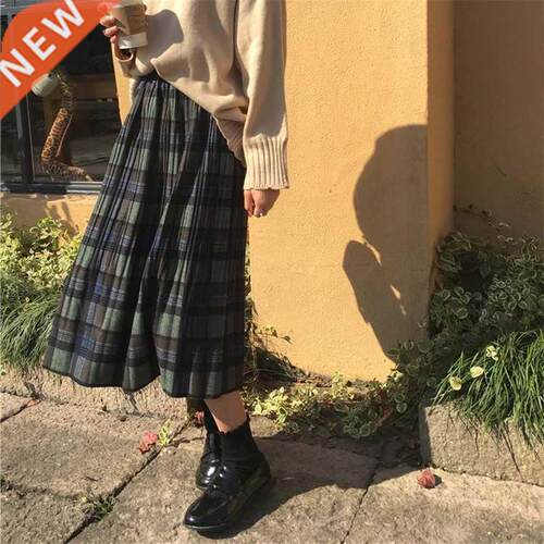 Vintage Wool Pleated Plaid Skirt Women High Waist Plus Size