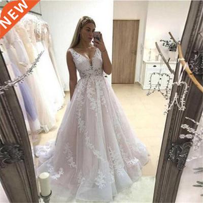 Pink Wedding Dress 2021 V Neck Bridal Gowns Backless Sleevel