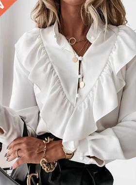 Casual Leopard Dot Print Ruffle Blouse Shirt Autumn Winter L