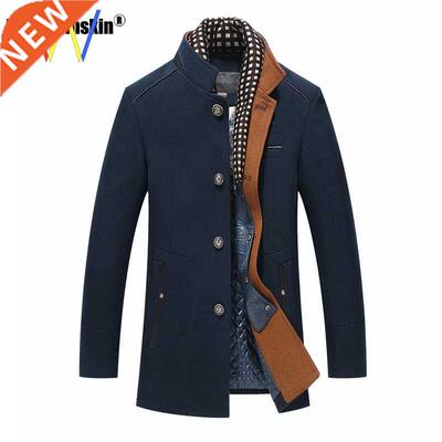Men Woolen Coat Winter Fleece Warm Jacket Trench Outerwear