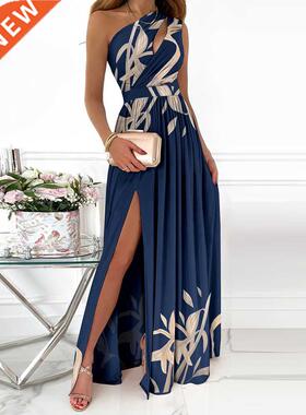 2022 Summer Elegant One oulder Floral Print High Slit Cuto