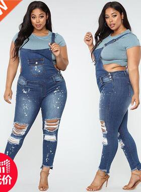 4xl plus size stretch jean suspenders大码胖MM弹力背带牛仔裤