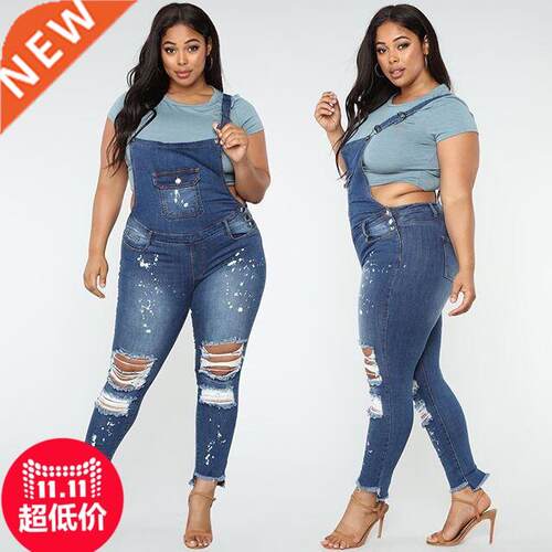 4xl plus size stretch jean suspenders大码胖MM弹力背带牛仔裤
