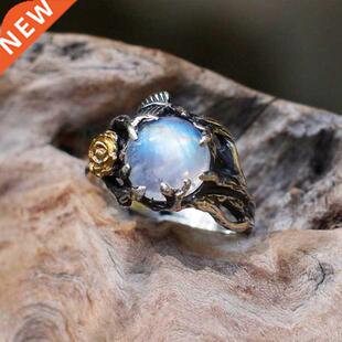 Vintage Moonstone Ring For Women Black Jewelry Gold Flower F