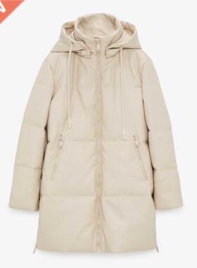 Malina Loose Hooded Parkas Women Fashion Beige PU Leather Co