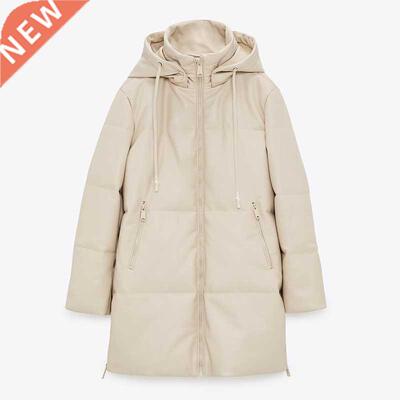 Malina Loose Hooded Parkas Women Fashion Beige PU Leather Co