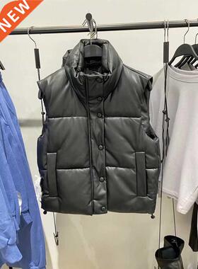 ZA Black Warm Vest jacket women Casual Zipper Faux Leather c