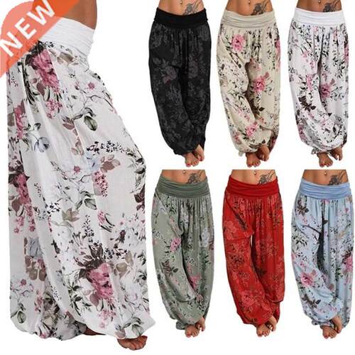 Women Bohemian Floral Print Long Pants 2020 Mid Waist Vintag