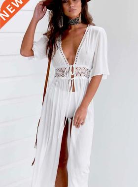 White V Neck Dress Robe Swimwear Bathing Suit Beachwear