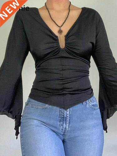Gitana Vintage Flared Sleeve T Shirt Woman V Neck Slim Crop