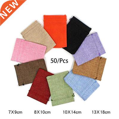 50Pcs/Lot Drawstring Natural Burlap Bag Jute Gift Bags Multi