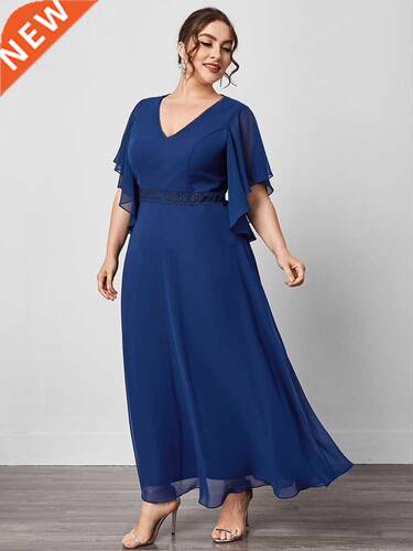 Ruffles ort Sleeve V Neck Party Dress A Line Chiffon Women