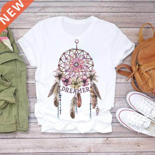 Women 2021 Summer Short Sleeve Dream Feather Fashion Print L
